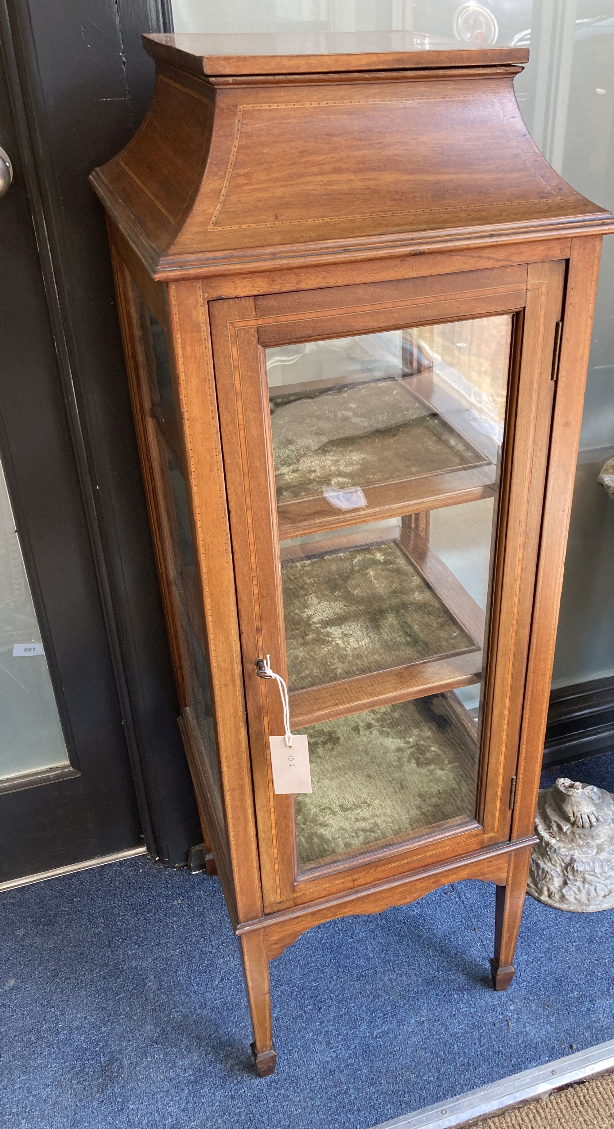 An Edwardian mahogany satinwood banded mahogany bijouterie cabinet, width 37cm, depth 37cm, height 112cm